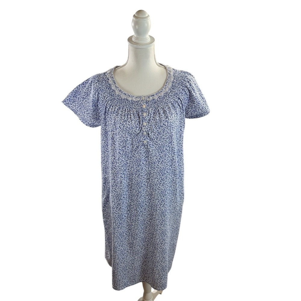 Aria Collection White & Blue Vine Floral Short Sleeve 100% Cotton House dress L